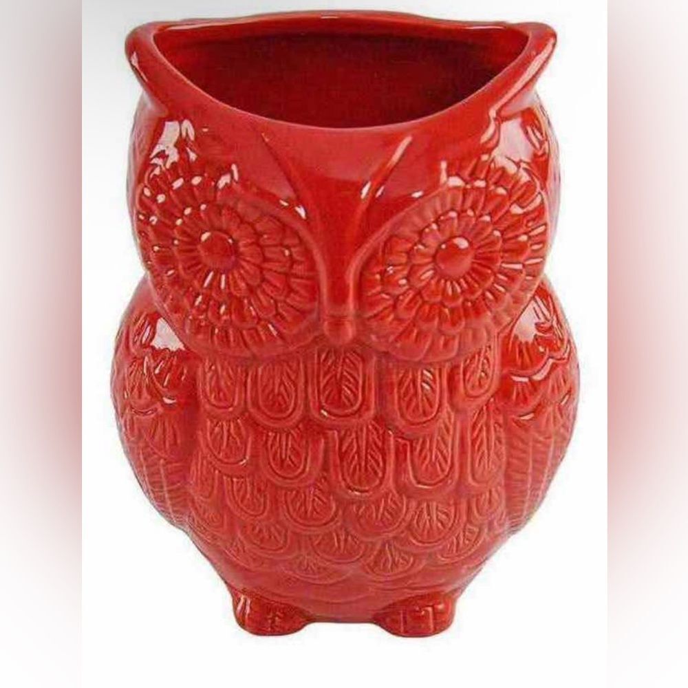 Home-X Red Large Ceramic Owl Kitchen Utensil Holder Caddy Farmhouse Decor NIB